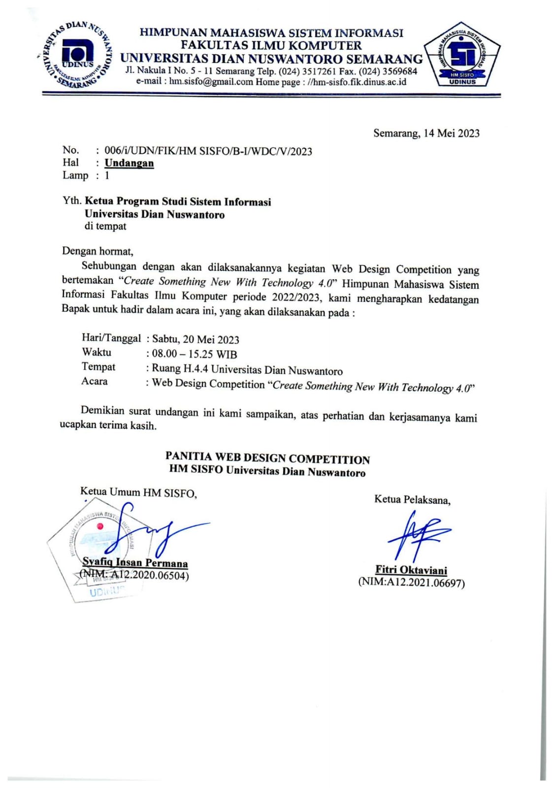 Surat Undangan Ketua Program Studi Sistem Informasi Universitas Dian Nuswantoro